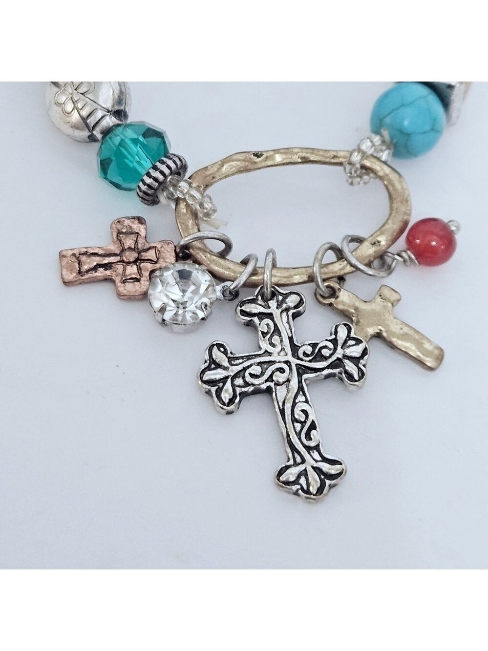 Western Boho Style Turquoise Cross Stretch Bracelet - Picture 2 of 3